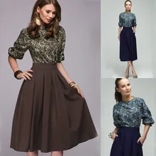 Vetement femme женское винтажное повседневное офисное тонкое платье до колена с рукавом три четверти и цветочным принтом элегантное платье трапециевидной формы