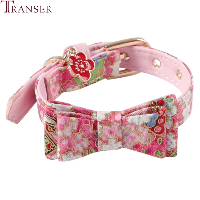 

Transer Bowknot Pet Cat Collar Japan Harajuku Style Flowers Print Adjustable Leather Small Dog Collars Floral Pendants 81213