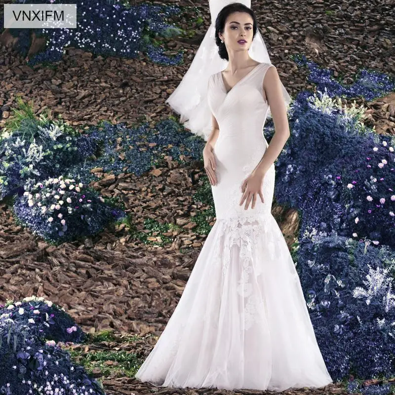 VNXIFM Sexy Open Back Lace Mermaid Wedding Dresses 2019 New Arrival 100% Real Photo Bride Dress Beach Long Train Gowns | Свадьбы и