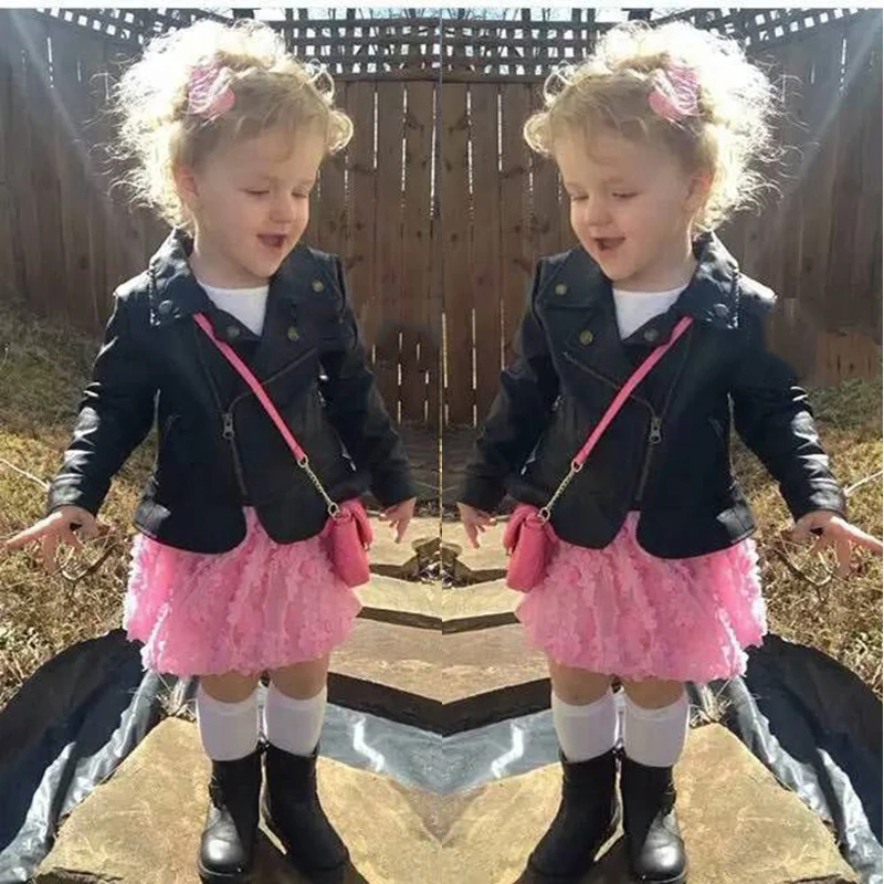 

2018 Autumn Baby Girls Leather Jackets Flounce Toddler Girls PU Leather Coat Princess Style Kids Jackets Coat Children Outerwear