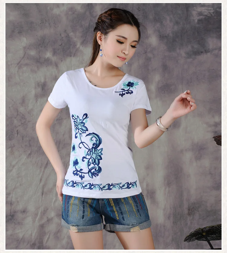 Летние Вышитые хлопок с коротким рукавом Футболка женские в китайском стиле рубашка с вышивкой Одежда для беременных блузка для беременных