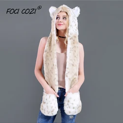 Winter Faux Fur Hood Animal Hat Ear Flaps Hand Pockets 3in1 Animal Hood Hat Snow Leopard Plush Warm Animal Cap with Scarf Gloves Winter Faux Fur Hood Animal Hat Ear Flaps Hand Pockets 3in1 Animal Hood Hat Snow Leopard Plush Warm Animal Cap with Scarf Gloves