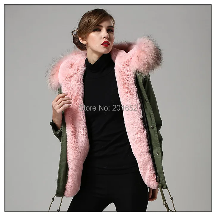 New arrived trench coat faux fur lined and real raccoon dog pink fur collar mr mrs fur jacket in men's and women's