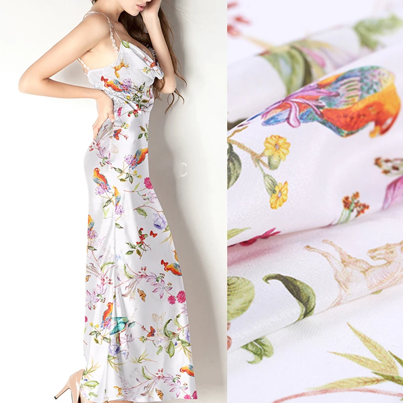 

Birds Plants Print White Thin Soft Silk Crepe de Chine Stretch Smooth Silk Satin Fabric for Summer Dress Shirt Scarf DE583