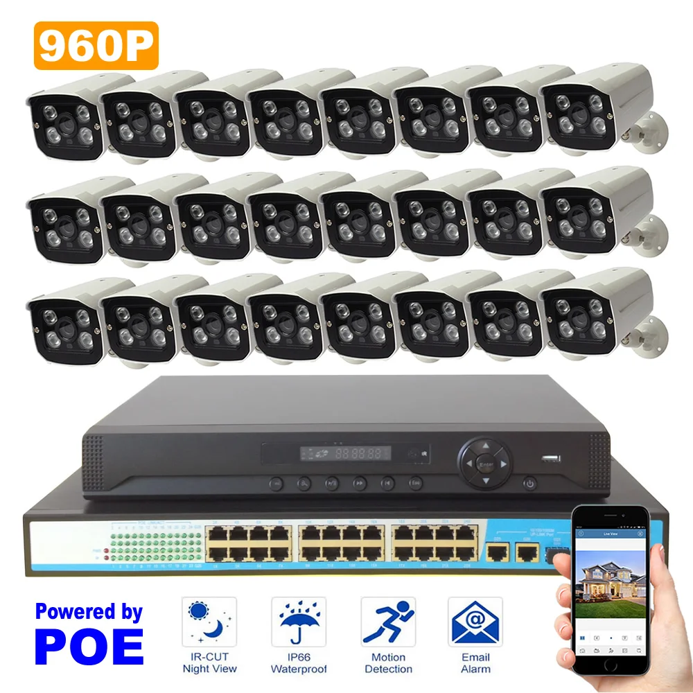 

24PCS Camera POE Surveillance System 24ch NVR Kit+PoE Switch+1.3MP POE IP Camera Waterproof Security System CCTV System