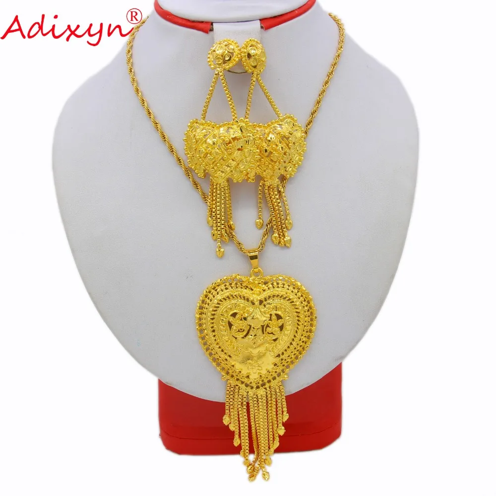 Adixyn Heart Pendant Dubai Jewelry Set Gold Color Necklace Earrings Set