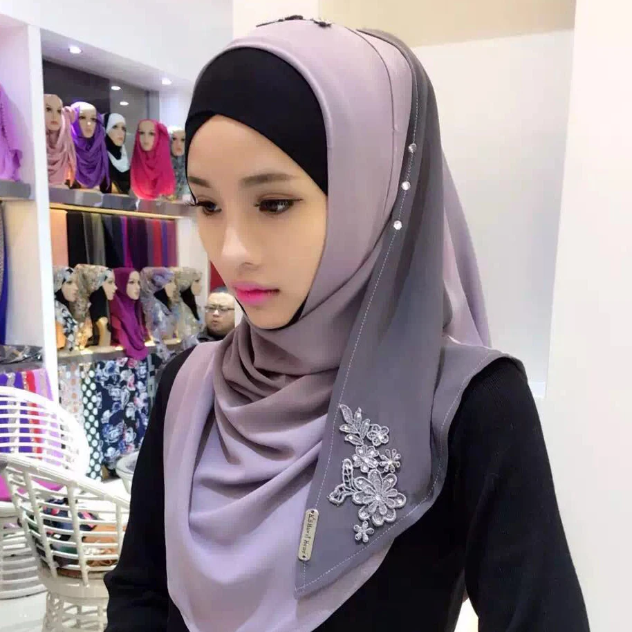 Шифоновая модная Лоскутная Удобная мусульманская кружевная Цветочная вышивка хиджаб исламский хиджаб основа головной убор - Цвет: Серый