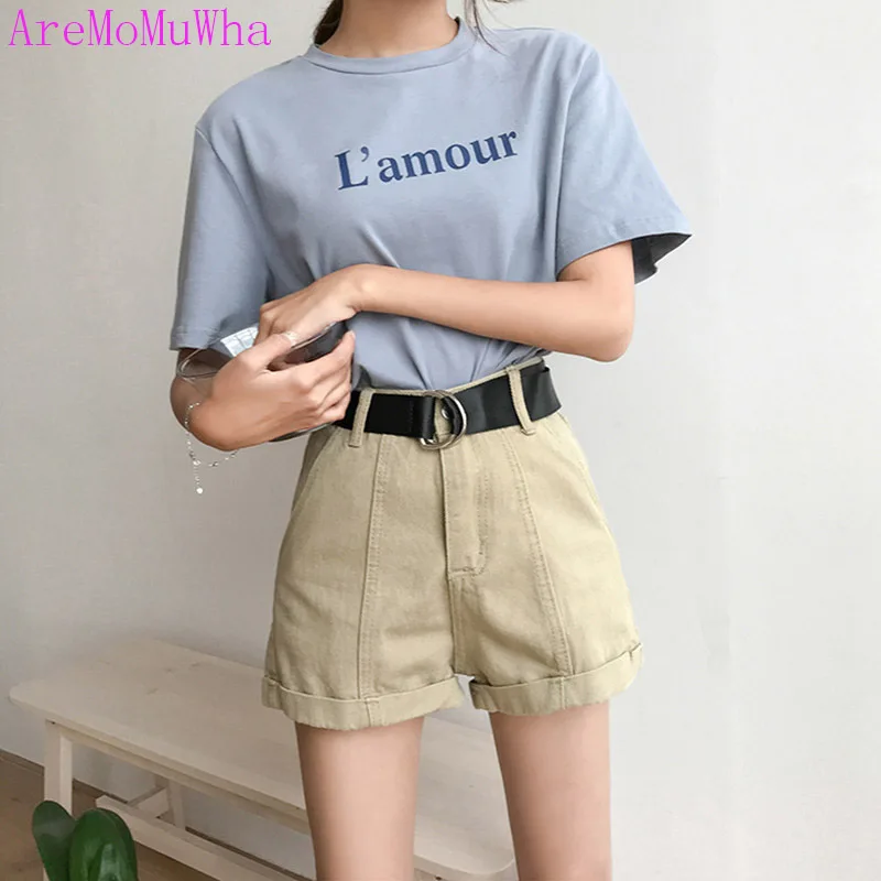 

AreMoMuWha 2018 New Summer Casual Sashes Denim Shorts Women Drawstring Loose High Waist Shorts Solid Slim OL Shorts Female Mh046