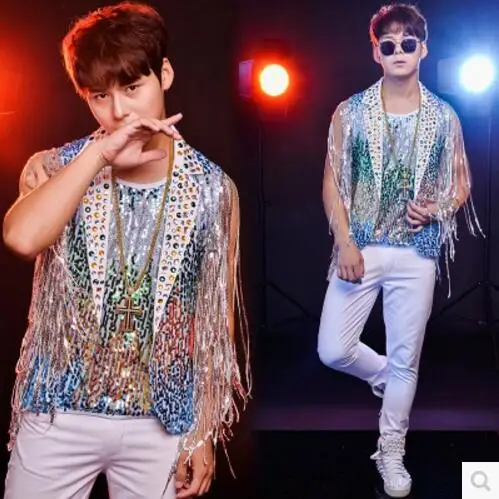

S-5XL 2017 New Men's clothing fashion singer personalized crystal tassel paillette vest pants set Nightclub male stage costumes