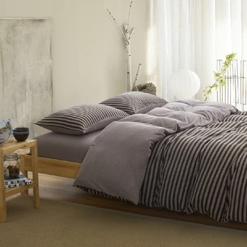 

100% Cotton Simple Stripe 4 Piece Light Color Bedding Set with 1 Duvet Cover 2 Pillowcases 1 Fitted Sheet