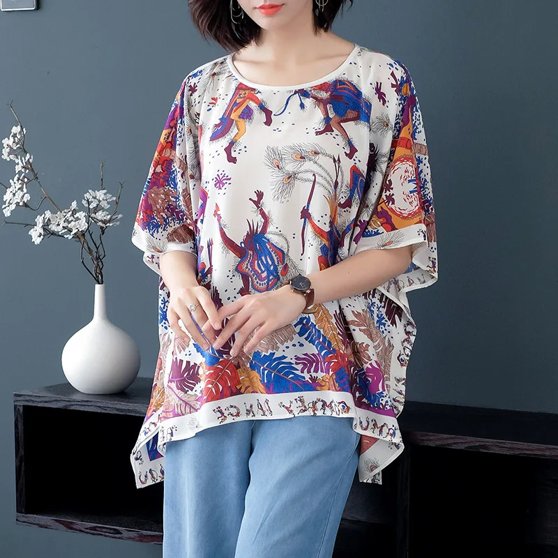 

T Shirt Summer Women 2019 New 100% Silk Printed Round Neck Batwing Sleeves Loose Plus Size Boutique Women Top M-XXL