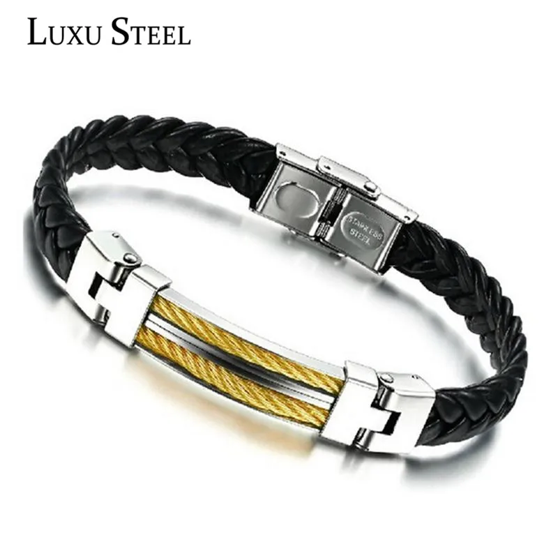 

LUXUSTEEL Male Jewelry Gold/Rose Gold Button Wrap Cuff Buckle Leather Braid Bracelets Bangles Stainless Steel Handmade Bracelets