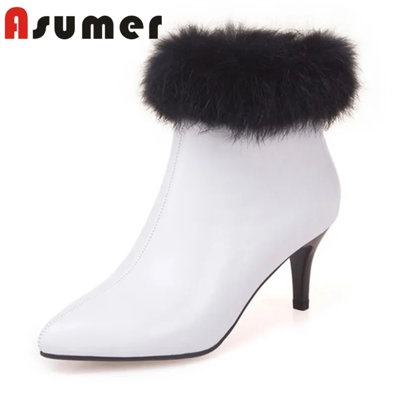 

ASUMER 2018 NEW adult fashion fur ankle boots for women pointed toe sewing winter boots sexy high heels genuine leather boots