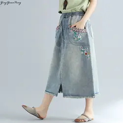 YingYuanFang Новая мода Женская одежда Большие размеры L с эластичной талией ковбой вышивка карман юбка