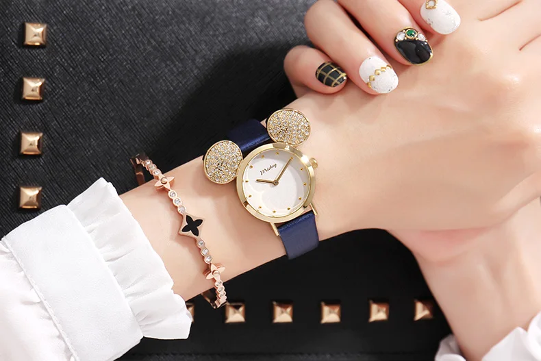 Disney брендовые модные наручные часы для девочек из натуральной кожи с большим ухом Микки Маус наручные часы Кварцевые водонепроницаемые часы Citizen Movement