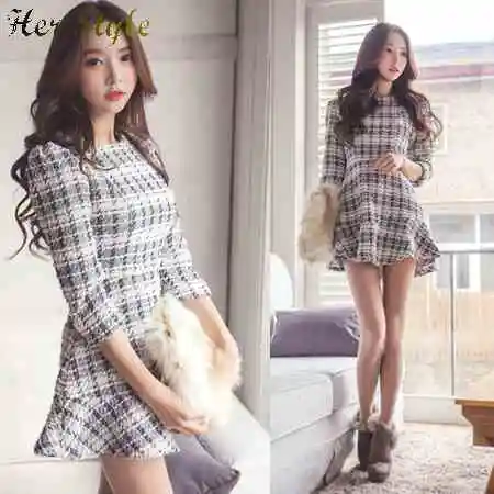 Free Shipping spring new socialite Tweed sweet slim long sleeve base flounce dress 1428070612 |