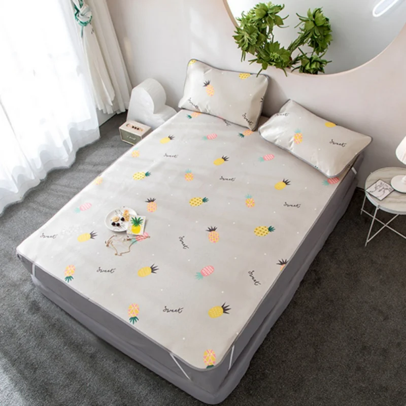 

Ice Silk Seat Three-Piece Set Summer Cool Ice Silk Bed Supplies Set-Mat Mattress Topper Pad With 2 Pillow Covers Bedding Set