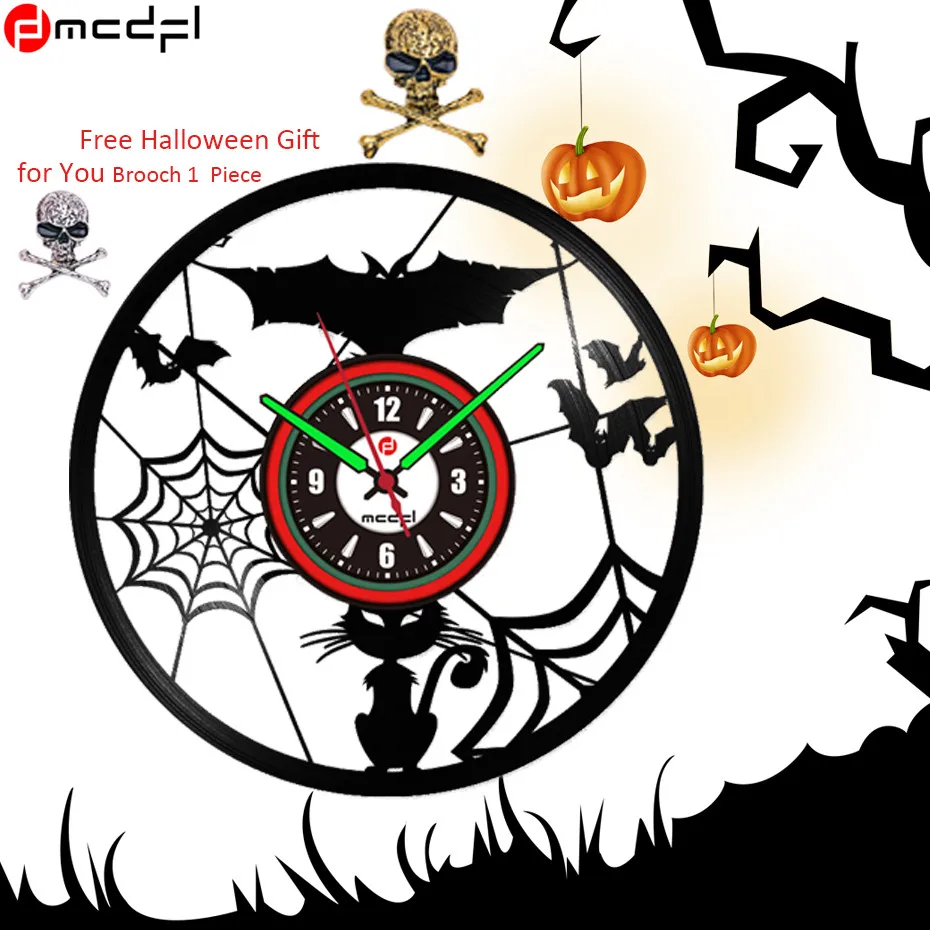 Halloween Party Decorative Accessory Bat Cat Wall Sticker LED Light Vinyl Vintage Clock Luminova Duvar Saati with Free Gift |
