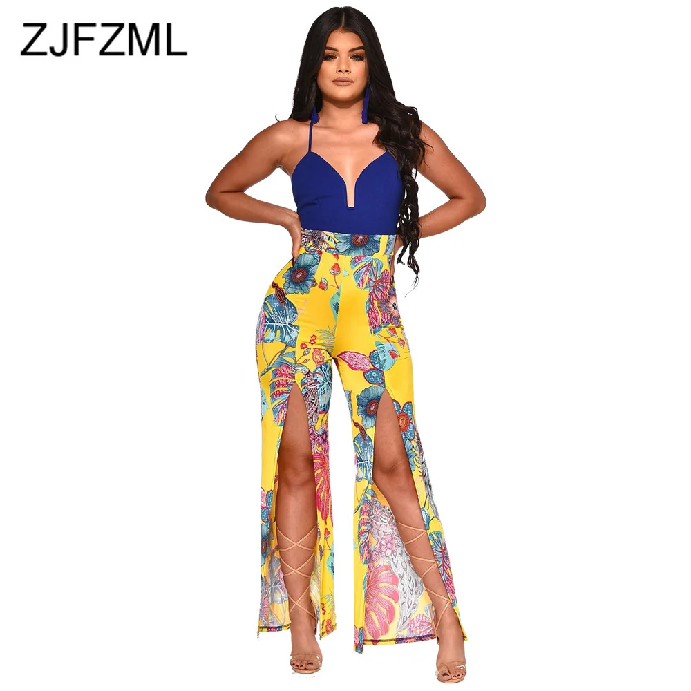 السباغيتي حزام رومبير المرأة بذلة الصيف السامي سبليت عبر عارية الذراعين واسعة الساق ارتداءها السباغيتي حزام أكمام بوهو عموما