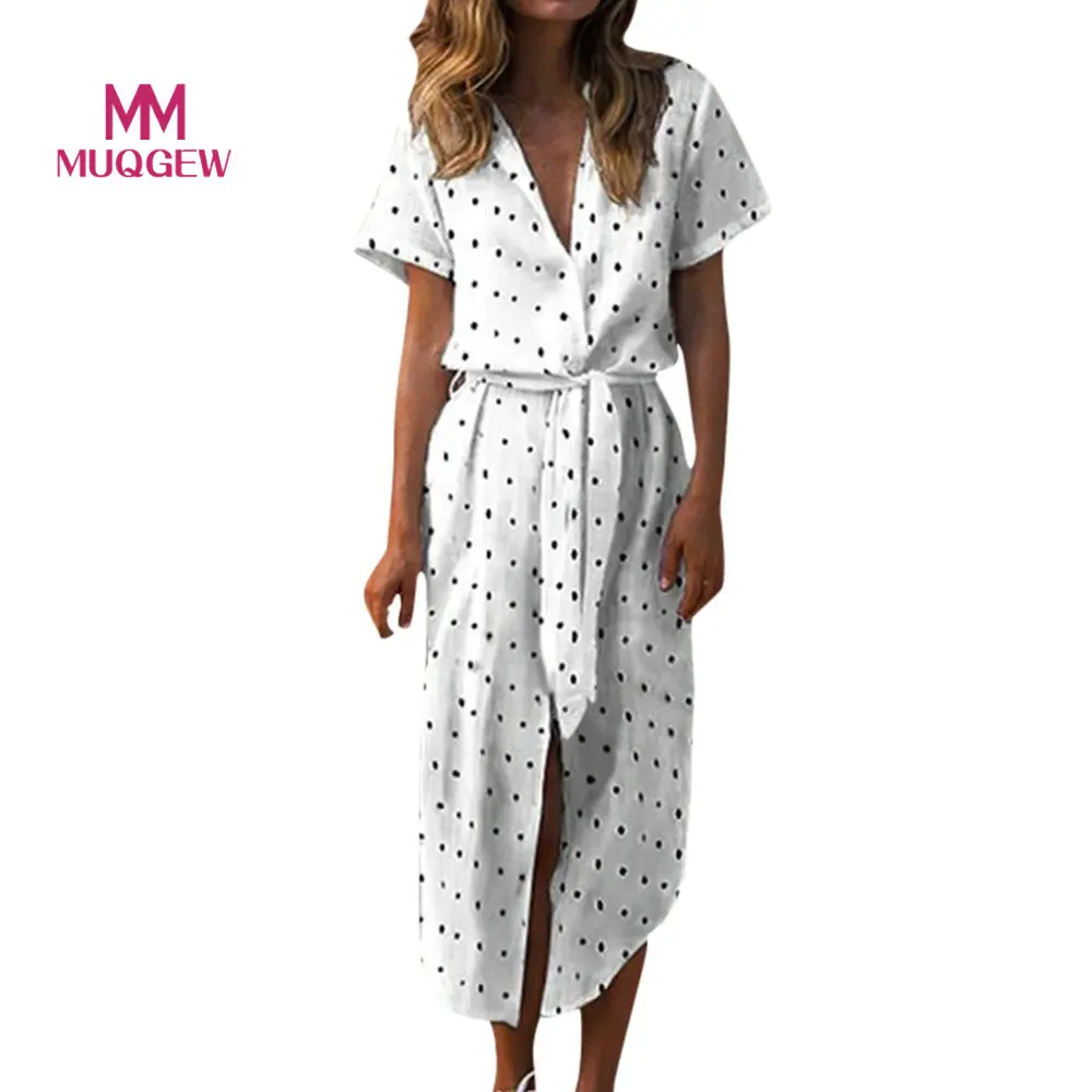 

MUQGEW Women Dress Sexy Casual Daily Dot Printing Dresses White Bow Tie V Neck Dot Button Short Sleeve Soild Long Dress Vestido