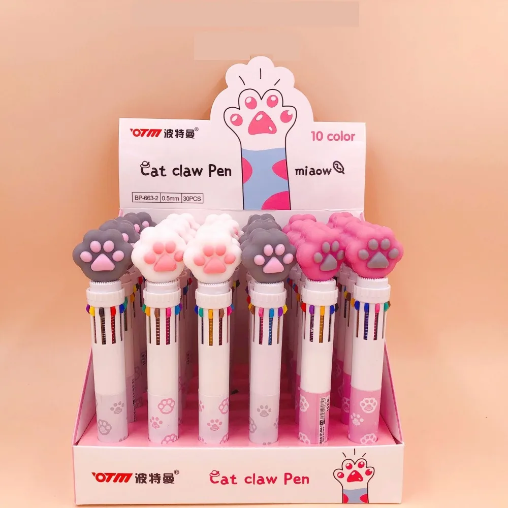 

30pcs/box Creative Cute Cartoon Cat Claw 10 Colors Ballpoint Pen Multicolor Students Birthday Gift School Prize Stationery