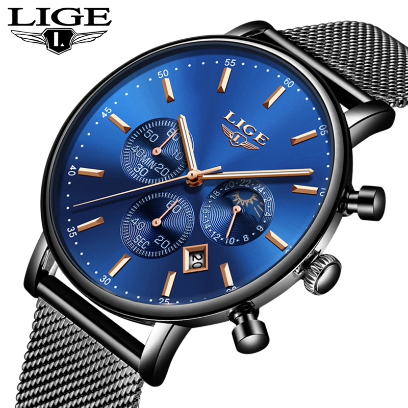 

LIGE Mens Watches Top Brand Luxury Black Mesh Steel Quartz Watch Men Waterproof Leisure Fashion Wrist Watch Relogio Masculino