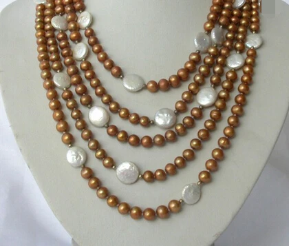 

huij 004521 5rows 6-7mm round coffee white coin freshwater pearl necklace