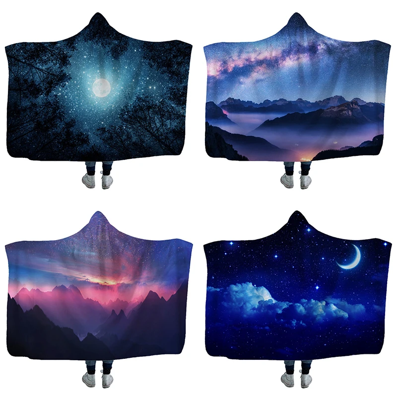 

Starry Sky Printed Hooded Blanket Outdoor Travel Camping Aircraft Cold-proof Blanket Sofa Bed Cloak Cover Blanket