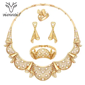 

Viennois New Gold Color Lace Earrings Necklace Set For Women Geometric Size 8 Ring Party Jewelry Set 2019
