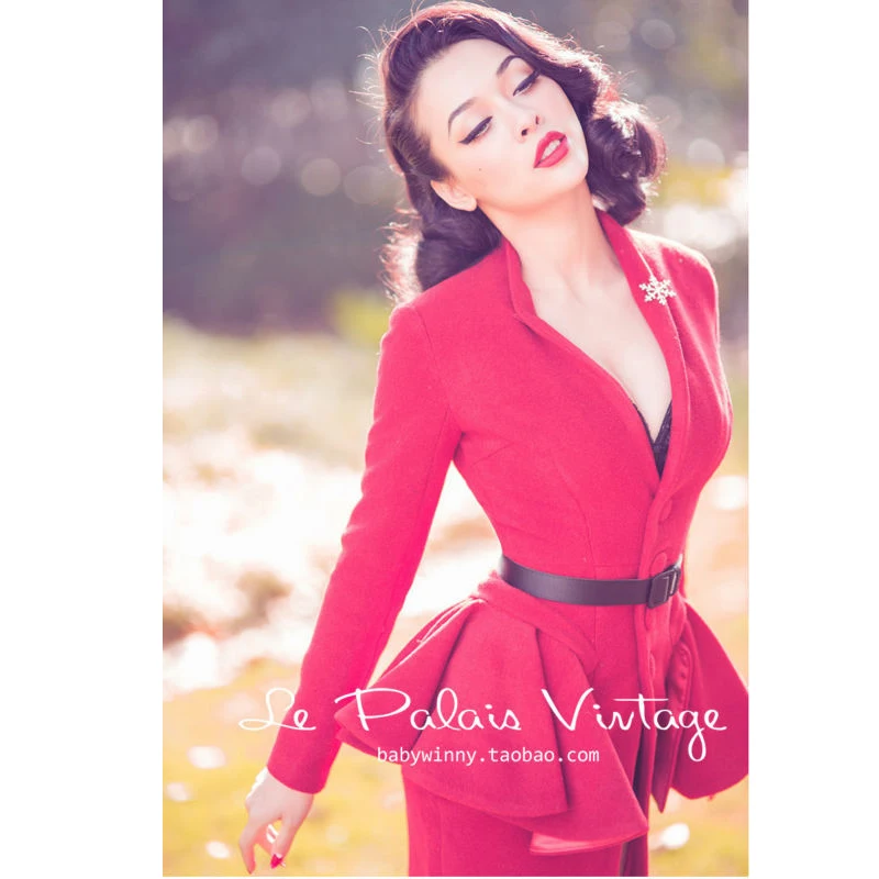 

FREE SHIPPING Le Palais Vintage Retro Red removable flounce 100% wool woolen slim coat/over coat