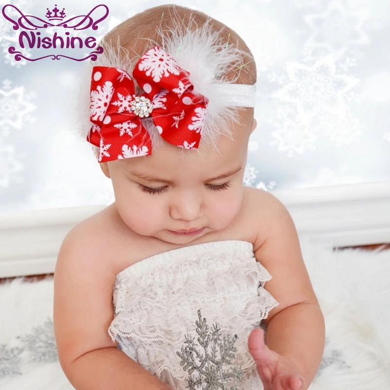 

Nishine Baby Girls Christmas Headbands Kids Feather Headwear Infant Rhinestone Children New Year Hair Band Accessories