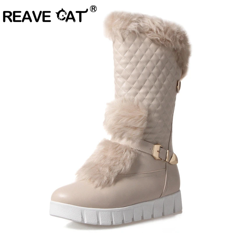 REAVE CAT mid calf boots female round toe med heels platform women boots high quality pu leather thick winter snow boots A1002 lukuco pure color women mid calf snow boots with faux fur design high quality pu made med wedges heel shoes