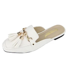 New Brand Summer Women Half Slippers Tassel Sequined Low Heeled Casual Shoes Lady Sandals Leather Slides Black White Size 35-39