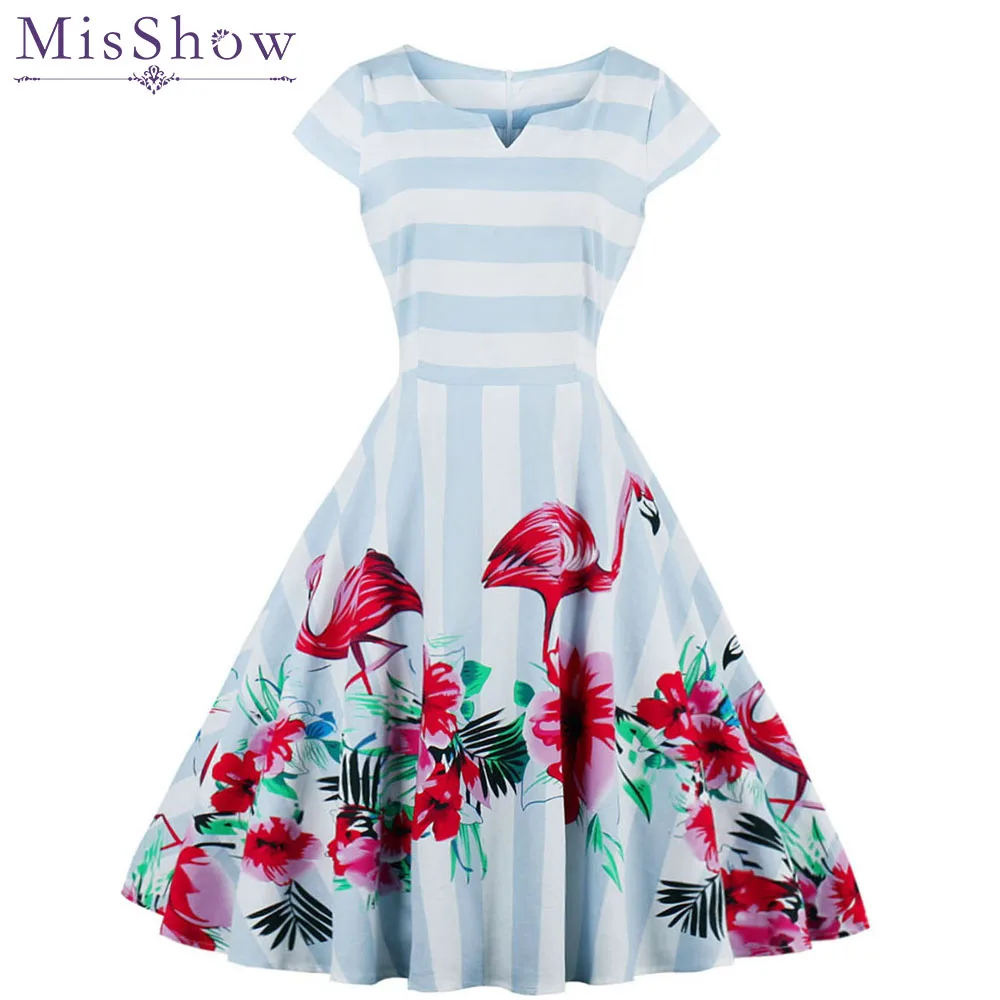 

Womens Vintage Pinup Rockabilly Flamingo Pattern Casual Work Short Robe Cocktail Dresses Wiggle Party Dress Vestidos Femininos