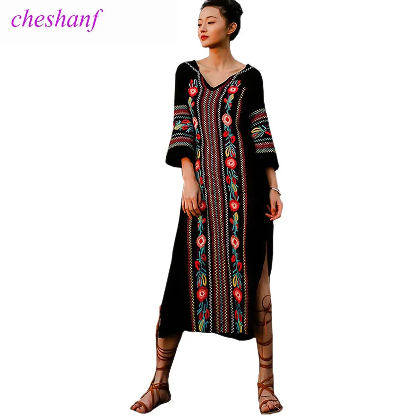 

Summer Dress 2019 New Spring Fashion Women Vintage Ethnic Style Embroidery Split Long Maxi Dress V-Neck Beach Dress Vestidos
