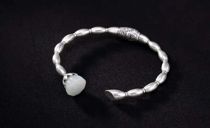 

JOOCHEER Sterling S925 925 silver Bangle lotus natural stone ethnic trendy bracelet