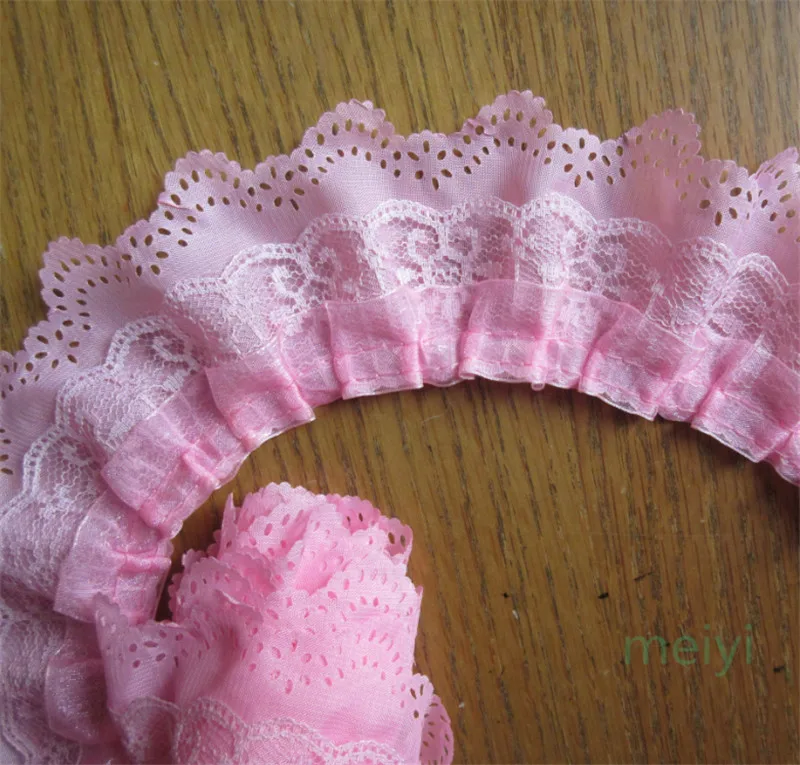 

5 yards Pink 65mm 3-layer Pleated Organza Lace Ribbon Gathered Mesh Fabric Handmade DIY Wedding Dress Lace Trim Sewing Craft