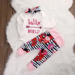 Для новорожденных для маленьких девочек хлопковый комбинезон + цветочные комплекты с длинными штанами Комплект одежды