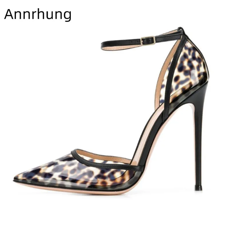 

2019 New Summer Leopard High Heels PVC Sandals Sexy Pointed Toe Side Open Stage Shoes 8/10/12 cm Thin Heels Sandalias Mujer