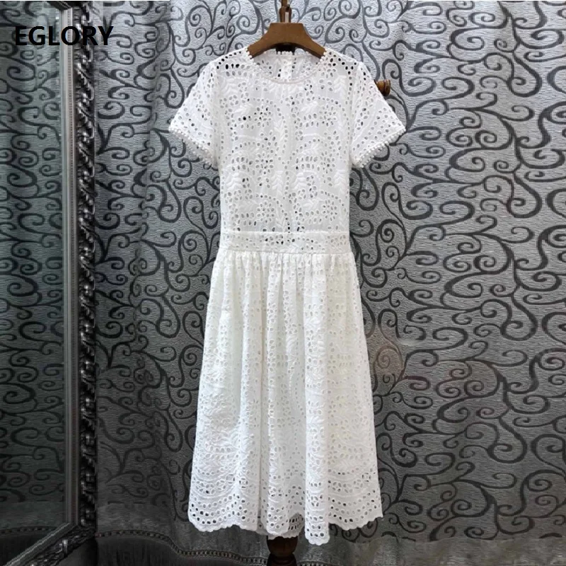

100%Cotton Dress 2019 Summer Fashion Party Club Ladies O-Neck Allover Exquisite Embroidery Sexy Hollow Out Blue White Dress Chic