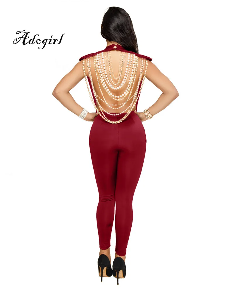 Adogirl 2018 Spring Sexy Back Pearl Chain Women Jumpsuit Wine-3