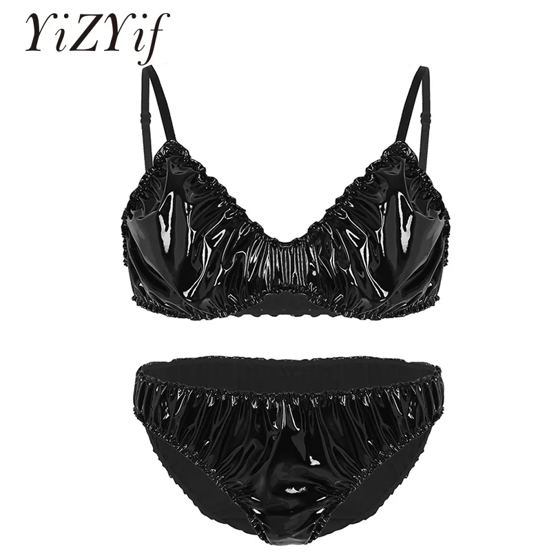 

YiZYiF Men Sissy Underwear Gay Fetish Wetlook Ruffled Bra Top with Briefs Men Shiny bralette panties Set funwear Sissy Lingerie