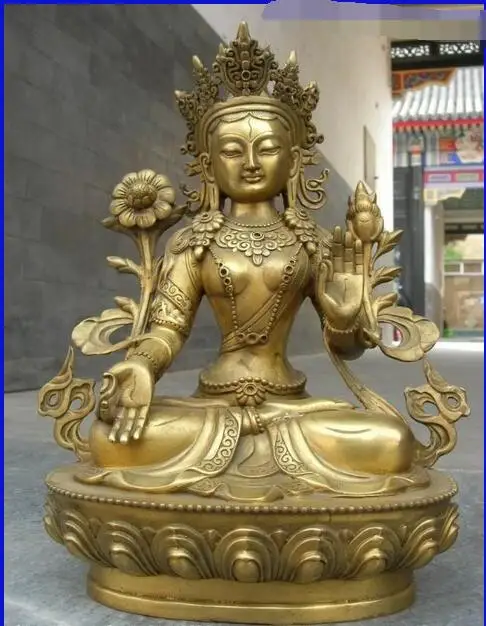 

free Tibet Buddhism Pure Brass Carved White Tara Kwan-yin Bodhisattva Buddha Statue fast