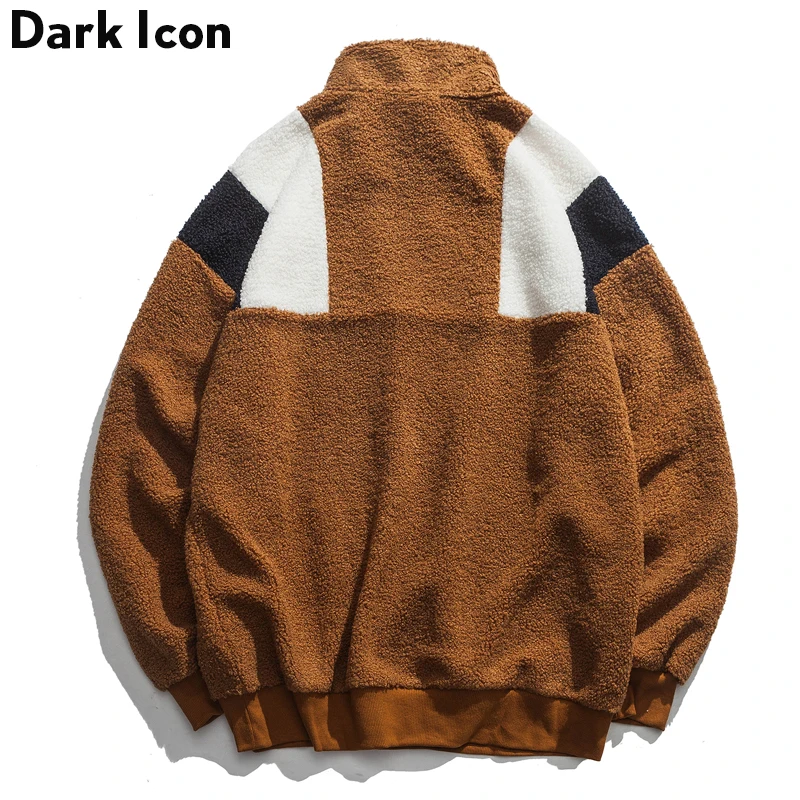Letter Embroidery Patchwork Sherpa Sweatshirt Men 2018 Winter Stand Collar Half Zipper Pullover Men's Sweatshirt Black Coffee
