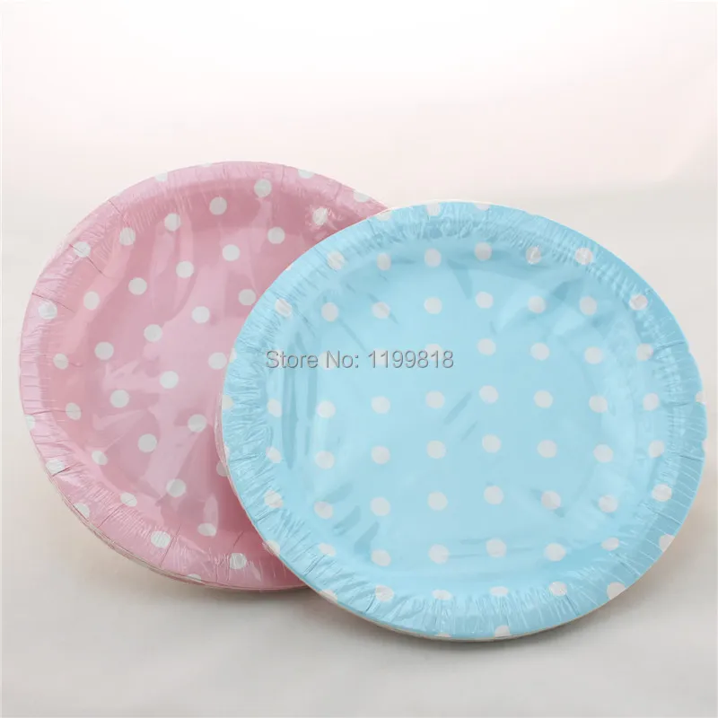Blue Pink Polka dot Paper Plates Party Tableware 9" Round Paper Plates