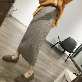

AreMoMuWha Knitting Pit Skirt Female Korean Slim Thickening High Waist Thin Pack Hip Split Step Skirt Winter Warming QX381