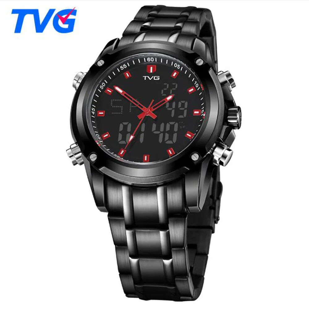 TVG Men Watches Military Sports Dual Display Quartz Watch Men Waterproof LED Digital Full Steel Wri