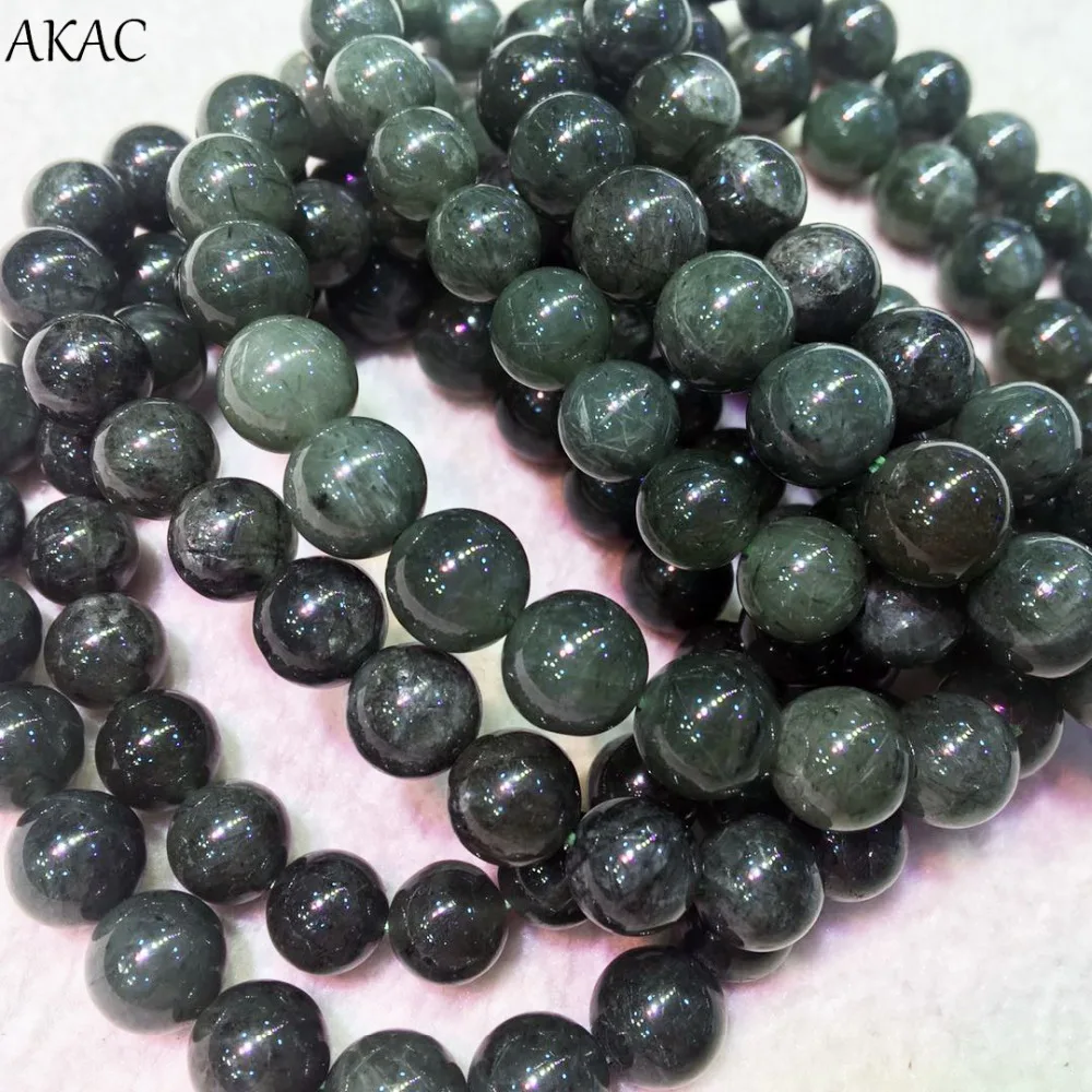 

Free shipping AKAC deep green natural Actinolite rutilated quartz green rutilated quartz bracelet 8-10mm