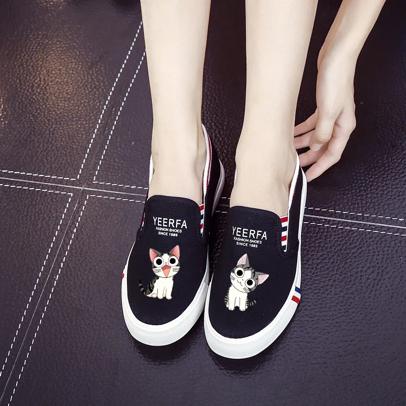 Coshome Cheese Cat Flats Canvas Shoes Chi's Sweet Home Casual Shoes Boys Girls Graffiti Painted Shallow Mouth Black Lazy Shoes (3)