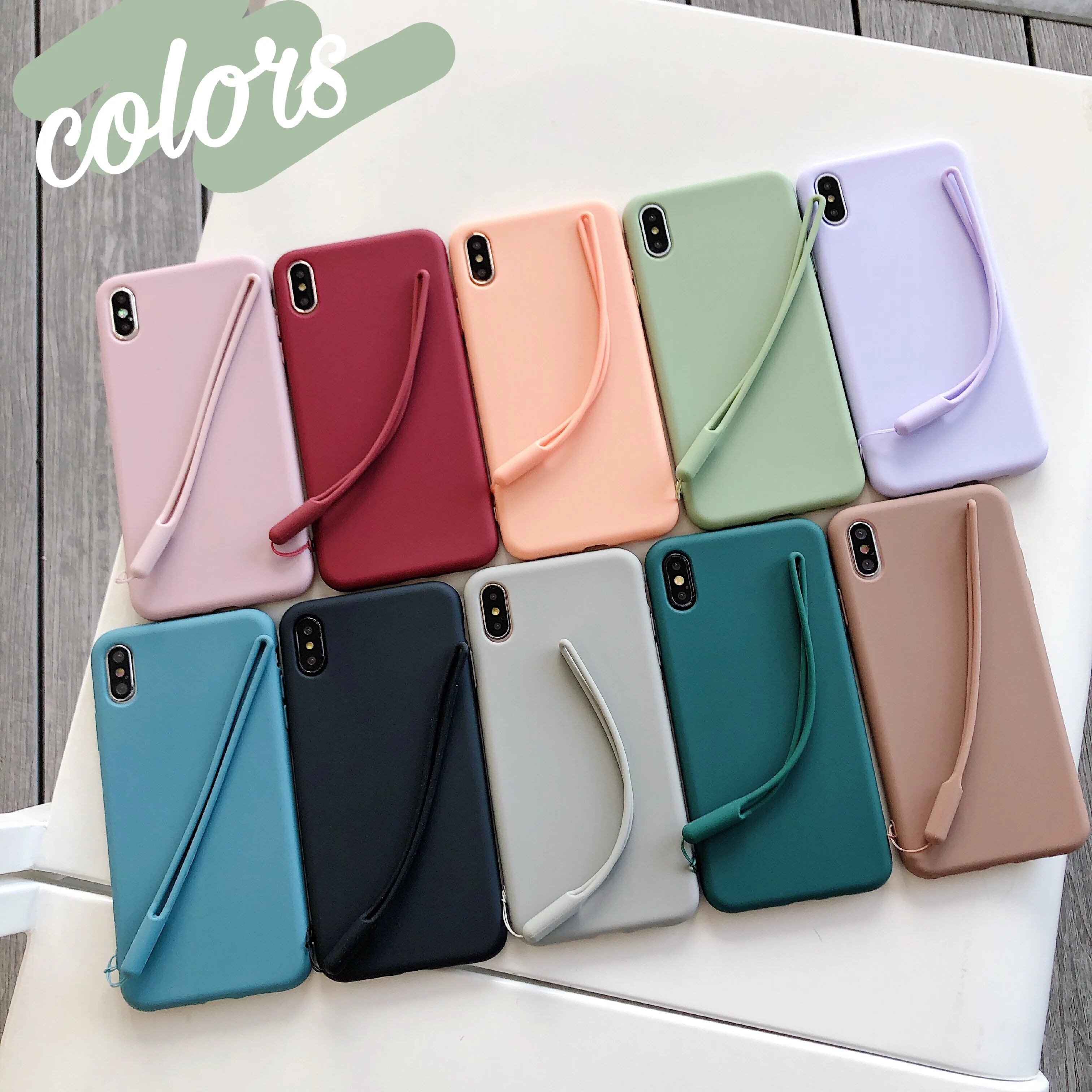 

JEKASS Soft Silicone Phone Case for iphone XR X Xs Max Case For iphone 7 8 6 6s plus Solid Color Lanyard Strap Rope Back Cover